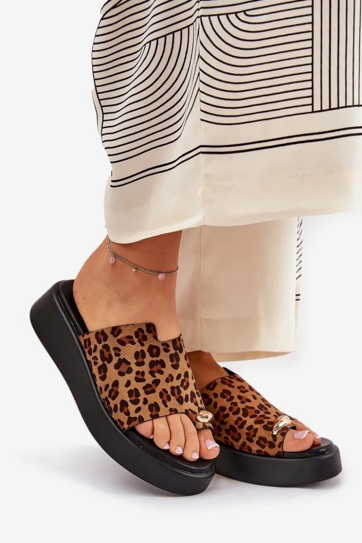 Damskie Boto Klapki Damskie Na Platformie I Niskim Koturnie Z Ozdobnym Detalem Panterka Brązowe Saqesse