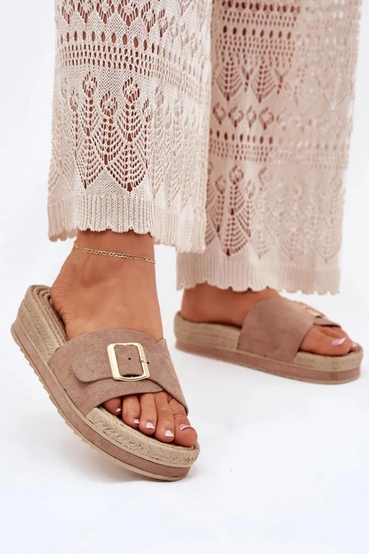 Boto Klapki Na Platformie|Klapki Damskie Klasyczne*Klapki Damskie Na Platformie Ze Złotą Klamrą Ciemnobeżowe Selira