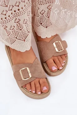 Boto Klapki Na Platformie|Klapki Damskie Klasyczne*Klapki Damskie Na Platformie Ze Złotą Klamrą Ciemnobeżowe Selira