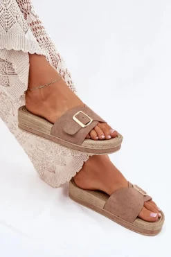 Boto Klapki Na Platformie|Klapki Damskie Klasyczne*Klapki Damskie Na Platformie Ze Złotą Klamrą Ciemnobeżowe Selira