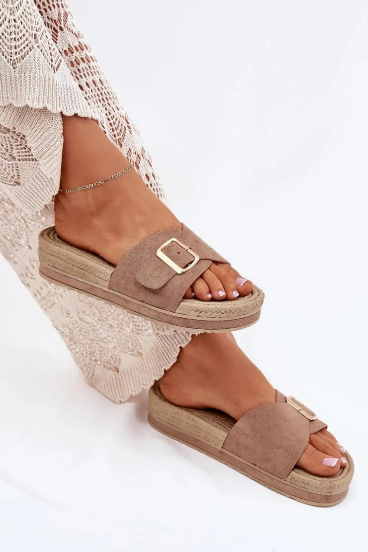 Boto Klapki Na Platformie|Klapki Damskie Klasyczne*Klapki Damskie Na Platformie Ze Złotą Klamrą Ciemnobeżowe Selira