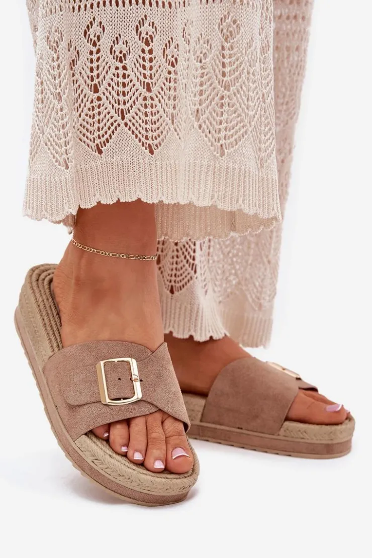 Boto Klapki Na Platformie|Klapki Damskie Klasyczne*Klapki Damskie Na Platformie Ze Złotą Klamrą Ciemnobeżowe Selira