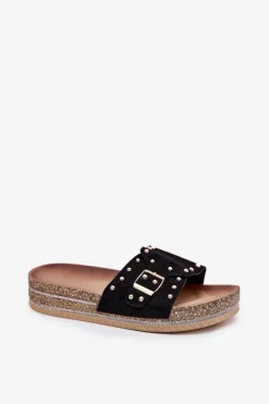 Boto Klapki Korkowe|Klapki Na Platformie*Klapki Damskie Na Platformie Z Klamrą I Ćwiekami Czarne Nusithia Czarny