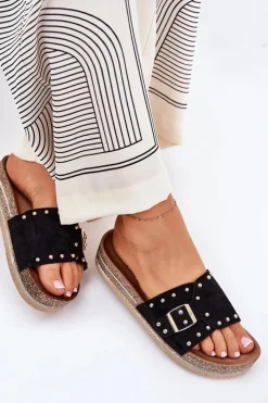 Boto Klapki Korkowe|Klapki Na Platformie*Klapki Damskie Na Platformie Z Klamrą I Ćwiekami Czarne Nusithia Czarny