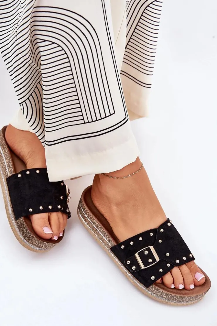 Boto Klapki Korkowe|Klapki Na Platformie*Klapki Damskie Na Platformie Z Klamrą I Ćwiekami Czarne Nusithia Czarny