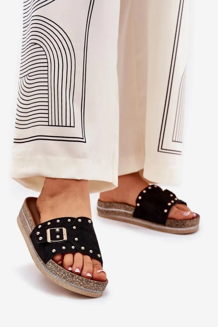 Boto Klapki Korkowe|Klapki Na Platformie*Klapki Damskie Na Platformie Z Klamrą I Ćwiekami Czarne Nusithia Czarny