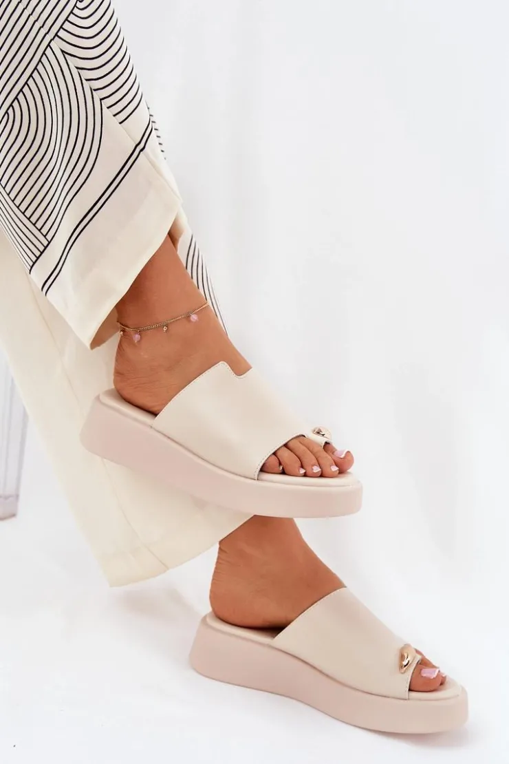 Damskie Boto Klapki Damskie Na Platformie I Niskim Koturnie Z Ozdobnym Detalem Beżowe Saqesse