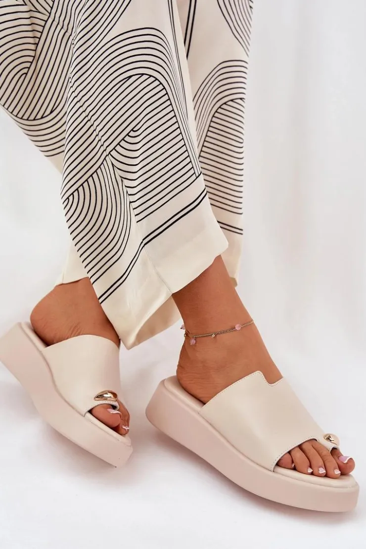 Damskie Boto Klapki Damskie Na Platformie I Niskim Koturnie Z Ozdobnym Detalem Beżowe Saqesse