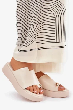 Damskie Boto Klapki Damskie Na Platformie I Niskim Koturnie Z Ozdobnym Detalem Beżowe Saqesse