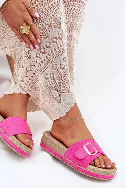 Hot Boto Klapki Damskie Na Platformie Ze Złotą Klamrą Fuksja Selira