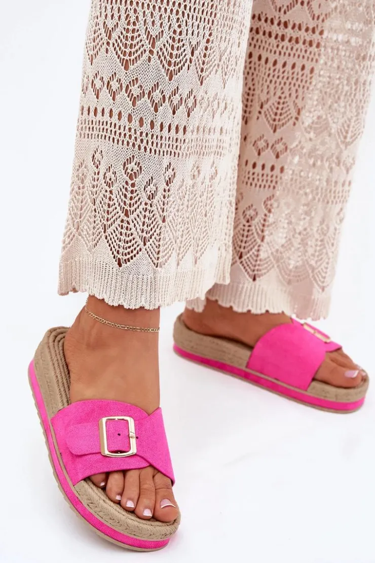 Hot Boto Klapki Damskie Na Platformie Ze Złotą Klamrą Fuksja Selira