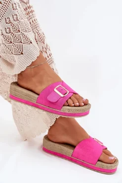 Hot Boto Klapki Damskie Na Platformie Ze Złotą Klamrą Fuksja Selira