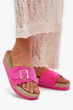 Hot Boto Klapki Damskie Na Platformie Ze Złotą Klamrą Fuksja Selira