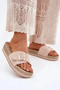 Damskie Boto Klapki Damskie Na Platformie Ze Złotą Klamrą Beżowe Selira