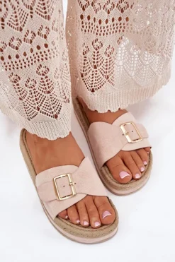 Damskie Boto Klapki Damskie Na Platformie Ze Złotą Klamrą Beżowe Selira