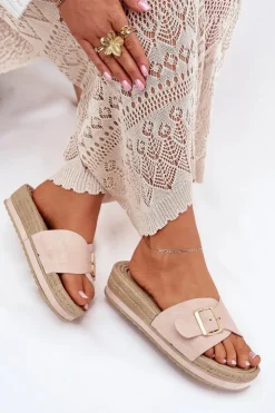 Damskie Boto Klapki Damskie Na Platformie Ze Złotą Klamrą Beżowe Selira