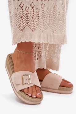 Damskie Boto Klapki Damskie Na Platformie Ze Złotą Klamrą Beżowe Selira