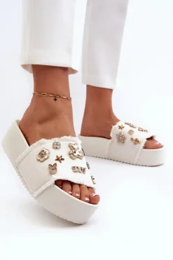 Boto Klapki Damskie Klasyczne*Klapki Damskie Na Platformie Z Przypinkami Białe Zranesia