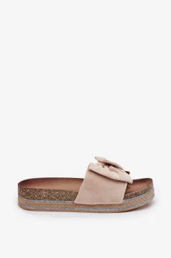 Damskie Boto Klapki Damskie Na Platformie Z Kokardką I Ozdobną Broszką Beżowe Lenela