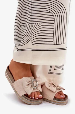 Damskie Boto Klapki Damskie Na Platformie Z Kokardką I Ozdobną Broszką Beżowe Lenela