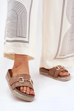 Outlet Boto Klapki Damskie Na Platformie Ze Złotą Ozdobą I Brokatem Khaki Morisela Beżowy