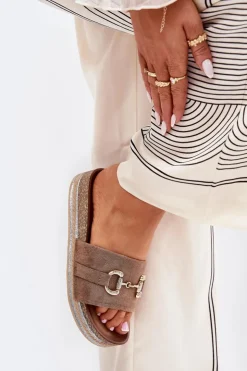 Outlet Boto Klapki Damskie Na Platformie Ze Złotą Ozdobą I Brokatem Khaki Morisela Beżowy