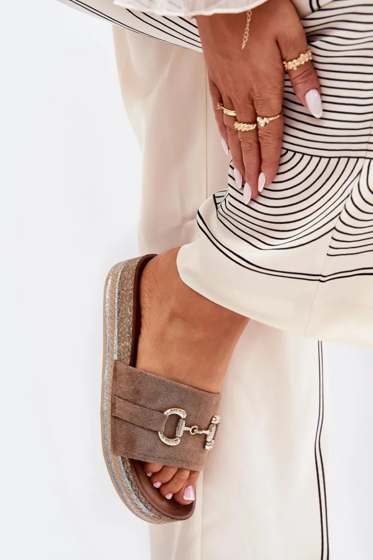 Outlet Boto Klapki Damskie Na Platformie Ze Złotą Ozdobą I Brokatem Khaki Morisela Beżowy