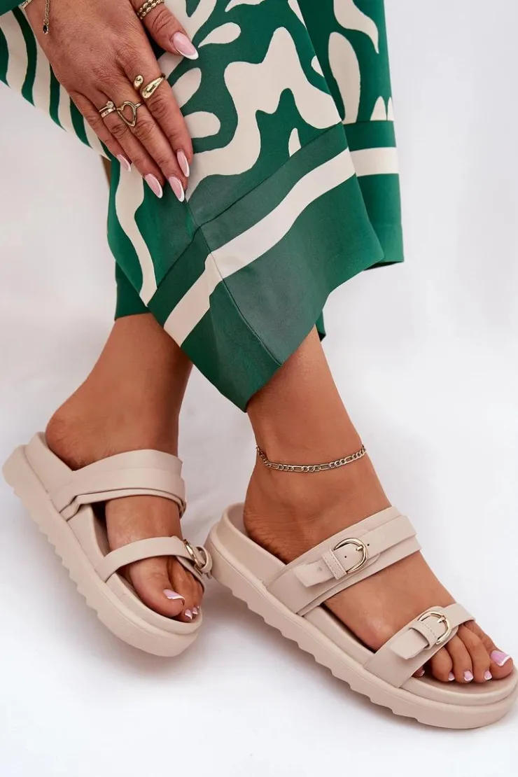 Boto Klapki Na Platformie|Klapki Damskie Klasyczne*Klapki Damskie Na Platformie Ze Złotymi Klamrami Beżowe Wernone Beżowy