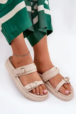 Boto Klapki Na Platformie|Klapki Damskie Klasyczne*Klapki Damskie Na Platformie Ze Złotymi Klamrami Beżowe Wernone Beżowy