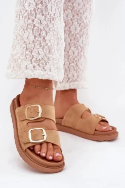 Damskie Boto Klapki Damskie Na Platformie Ze Złotymi Klamrami Camel Verena