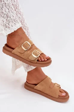 Damskie Boto Klapki Damskie Na Platformie Ze Złotymi Klamrami Camel Verena