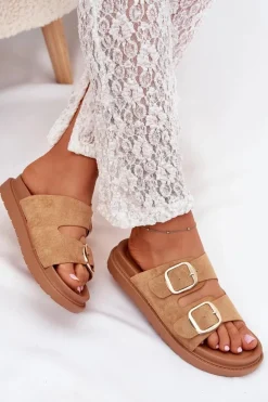 Damskie Boto Klapki Damskie Na Platformie Ze Złotymi Klamrami Camel Verena