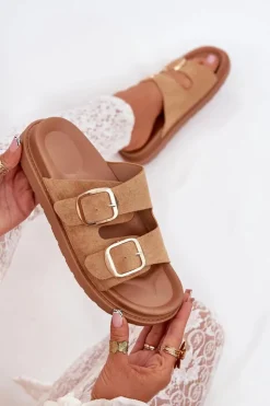 Damskie Boto Klapki Damskie Na Platformie Ze Złotymi Klamrami Camel Verena