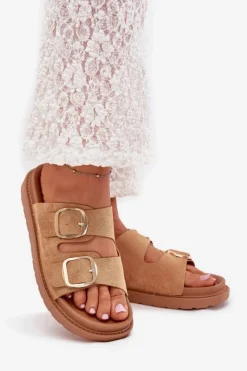 Damskie Boto Klapki Damskie Na Platformie Ze Złotymi Klamrami Camel Verena