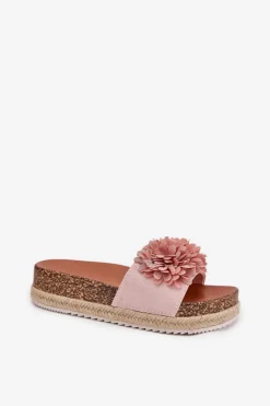 Sale Boto Klapki Damskie Na Platformie Z Ozdobnymi Kwiatkami Różowe Tessara Różowy