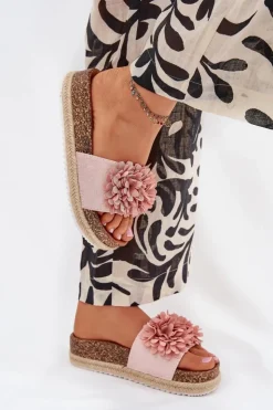 Sale Boto Klapki Damskie Na Platformie Z Ozdobnymi Kwiatkami Różowe Tessara Różowy