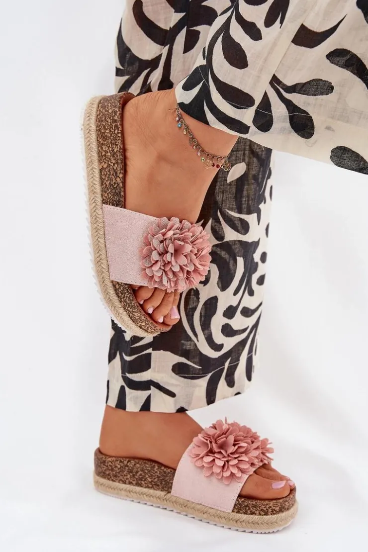 Sale Boto Klapki Damskie Na Platformie Z Ozdobnymi Kwiatkami Różowe Tessara Różowy