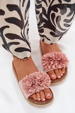 Sale Boto Klapki Damskie Na Platformie Z Ozdobnymi Kwiatkami Różowe Tessara Różowy