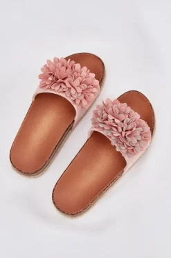 Sale Boto Klapki Damskie Na Platformie Z Ozdobnymi Kwiatkami Różowe Tessara Różowy