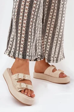 Damskie Boto Klapki Damskie Na Platformie Z Klamrami I Plecionką Beżowe Limme