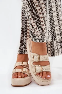 Damskie Boto Klapki Damskie Na Platformie Z Klamrami I Plecionką Beżowe Limme