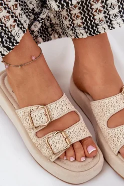 Damskie Boto Klapki Damskie Na Platformie Z Klamrami I Plecionką Beżowe Limme