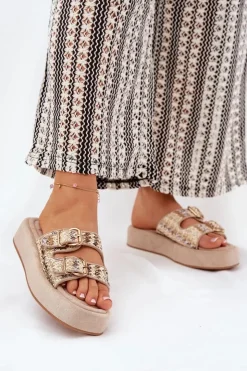 Damskie Boto Klapki Damskie Na Platformie Z Klamrami I Plecionką Khaki Limme