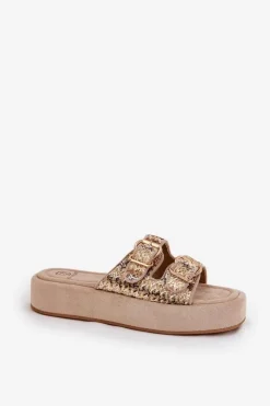 Damskie Boto Klapki Damskie Na Platformie Z Klamrami I Plecionką Khaki Limme