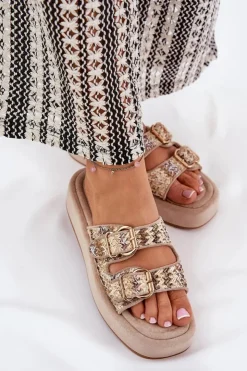 Damskie Boto Klapki Damskie Na Platformie Z Klamrami I Plecionką Khaki Limme