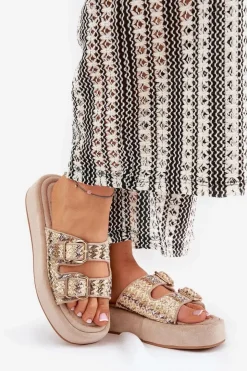 Damskie Boto Klapki Damskie Na Platformie Z Klamrami I Plecionką Khaki Limme