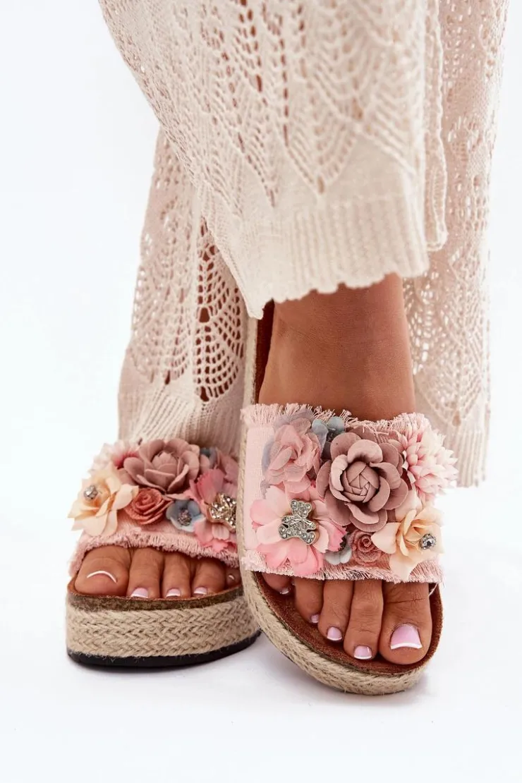 Damskie Boto Klapki Damskie Na Platformie Z Plecionką I Kwiatkami Różowe Chellia