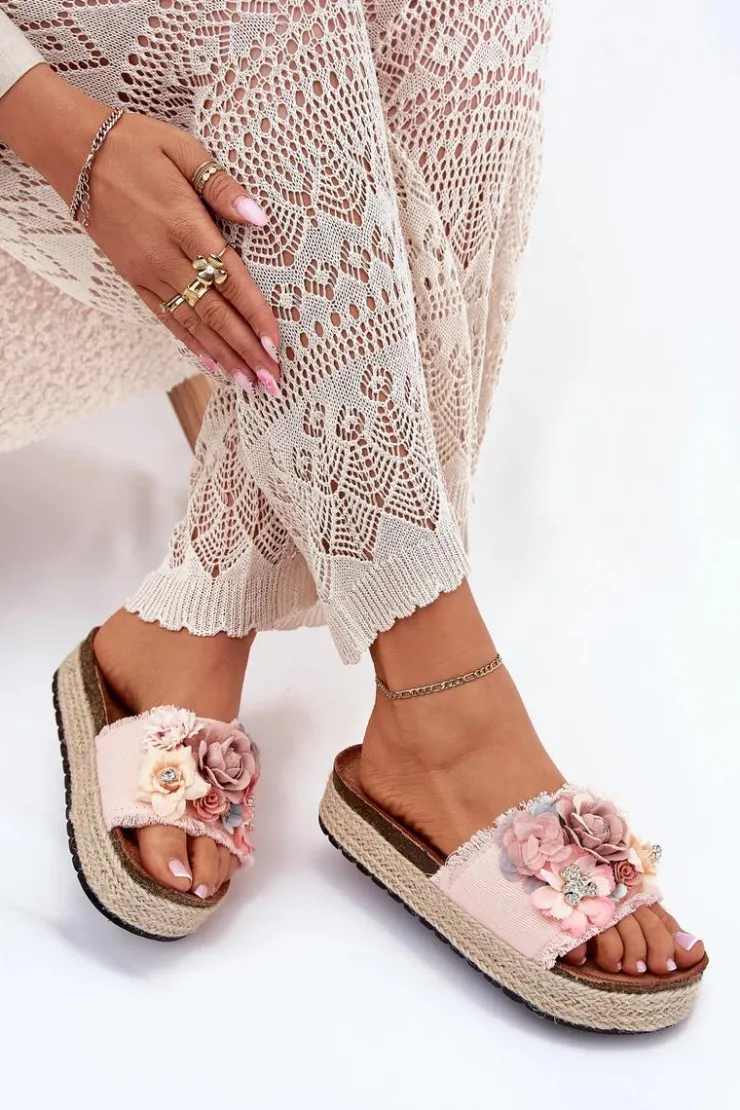 Damskie Boto Klapki Damskie Na Platformie Z Plecionką I Kwiatkami Różowe Chellia