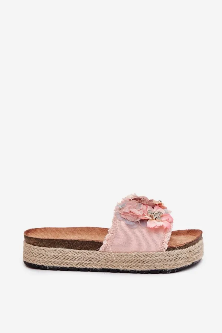 Damskie Boto Klapki Damskie Na Platformie Z Plecionką I Kwiatkami Różowe Chellia