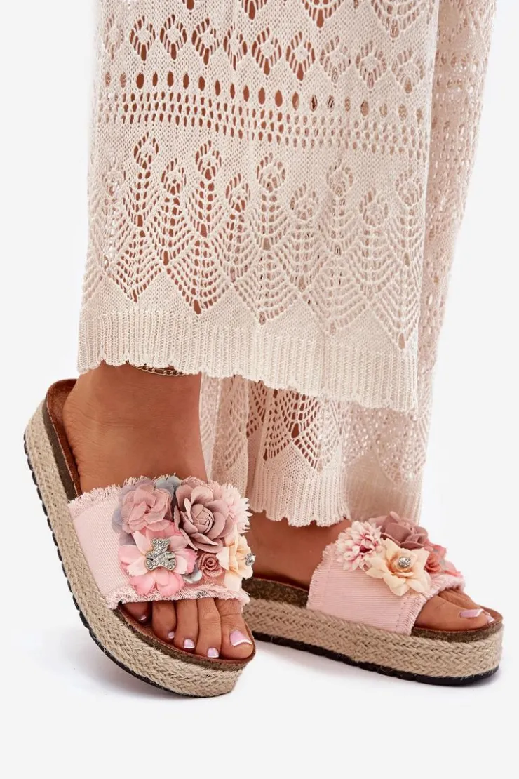 Damskie Boto Klapki Damskie Na Platformie Z Plecionką I Kwiatkami Różowe Chellia